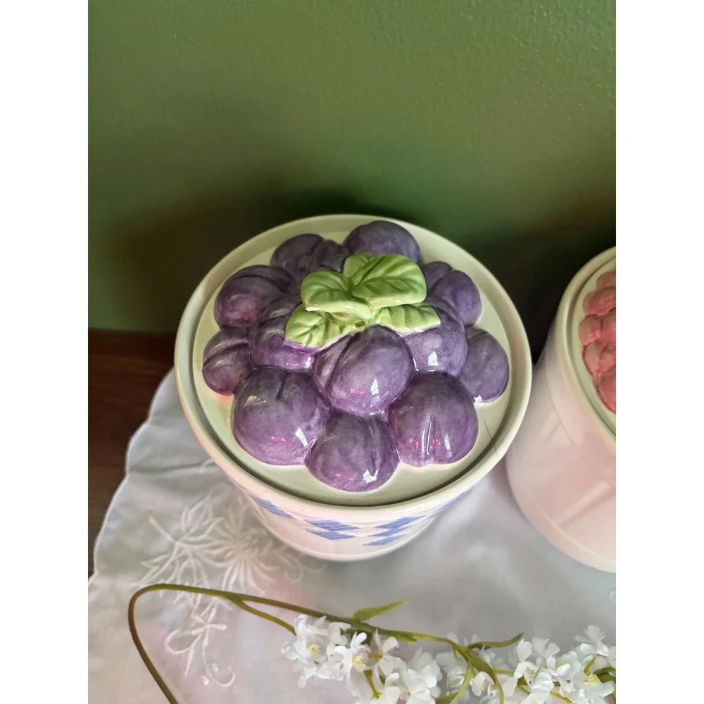 Vintage‎ Treasure Craft Ceramic Fruit Canister Set Plums and Cherries